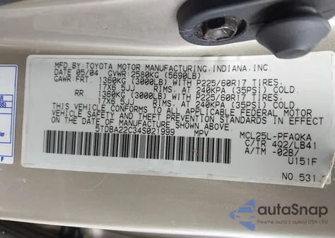 2004 Toyota Sienna Xle from USA, damaged, VIN 5TDBA22C34S021999